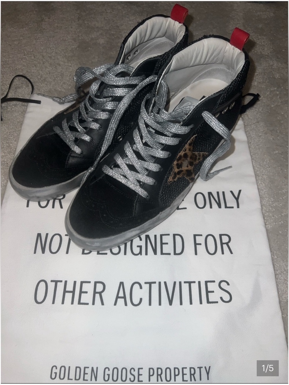 Golden Goose Black High-Top Sneakers with Silver Laces and Red Heel Tab